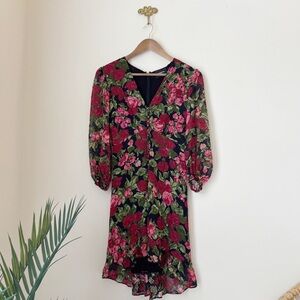 The Kooples Parisian Chic Painted Rose Silk Floral Swiss Dot Dress Sz 2 Medium
